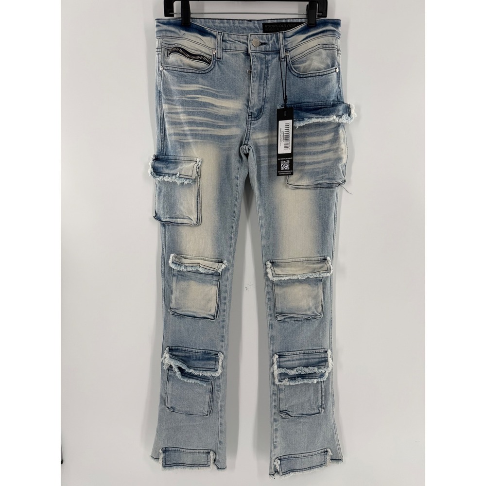 Rockstar Original Zander Blue Stacked Flare Multi Pocket Cargo Jeans Mens 32 NEW